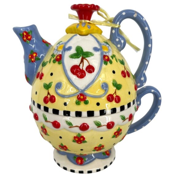 Mary Engelbreit Ceramic Cherry Teapot Tea for One Yellow Blue Rare - Picture 1 of 15